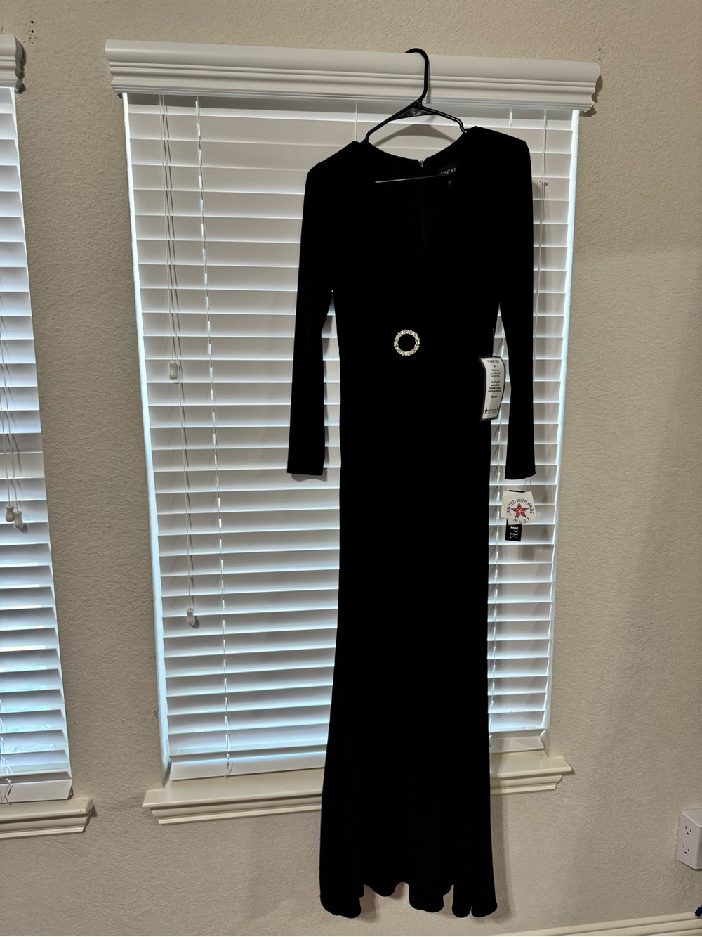 Xscape Black Long Sleeve V-Neck Evening Gown with Rhinestone Buckle